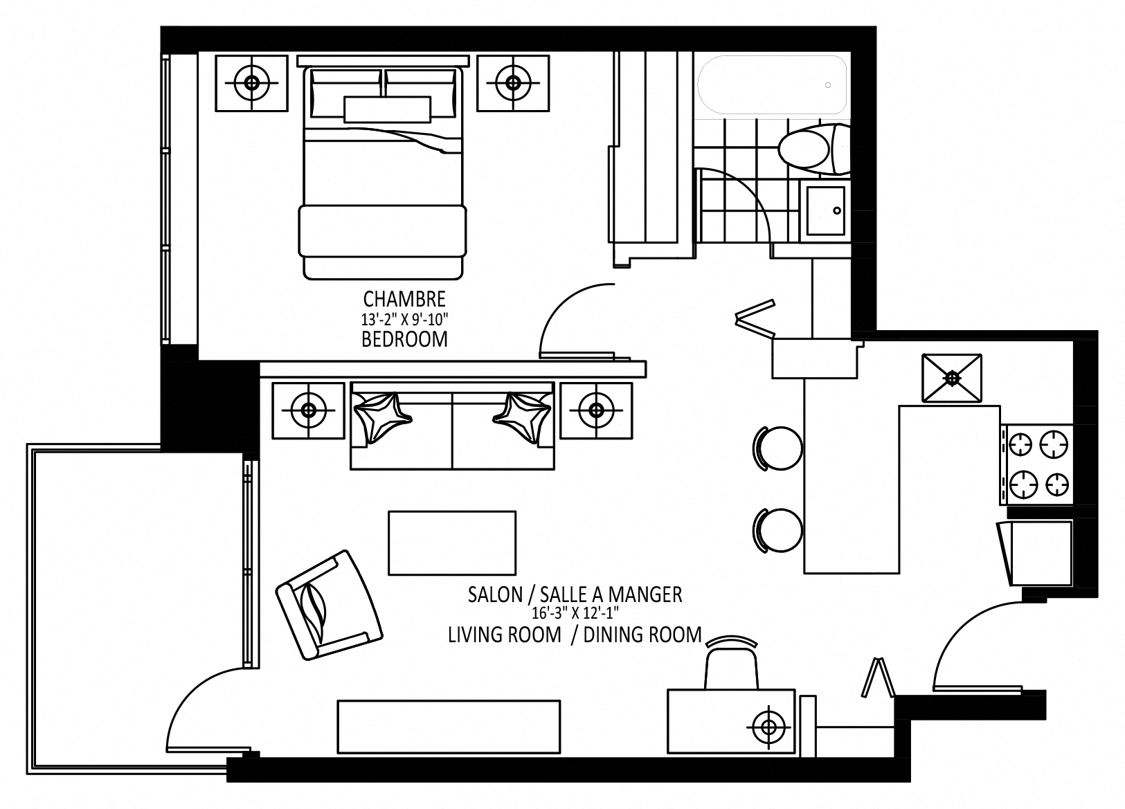 Floor plan for 1 bed, 1 bath, 560 sqft